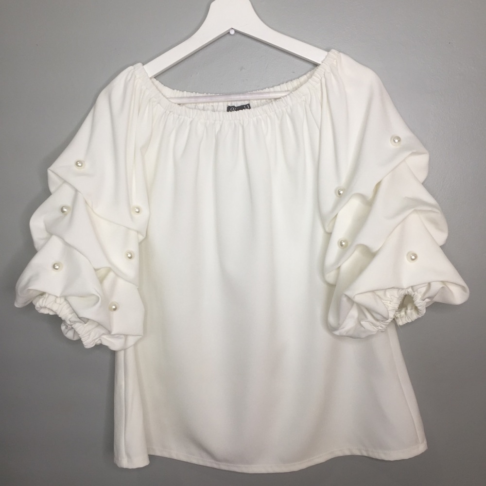 White Pearl Embellished Off-The-Shoulder Blouse